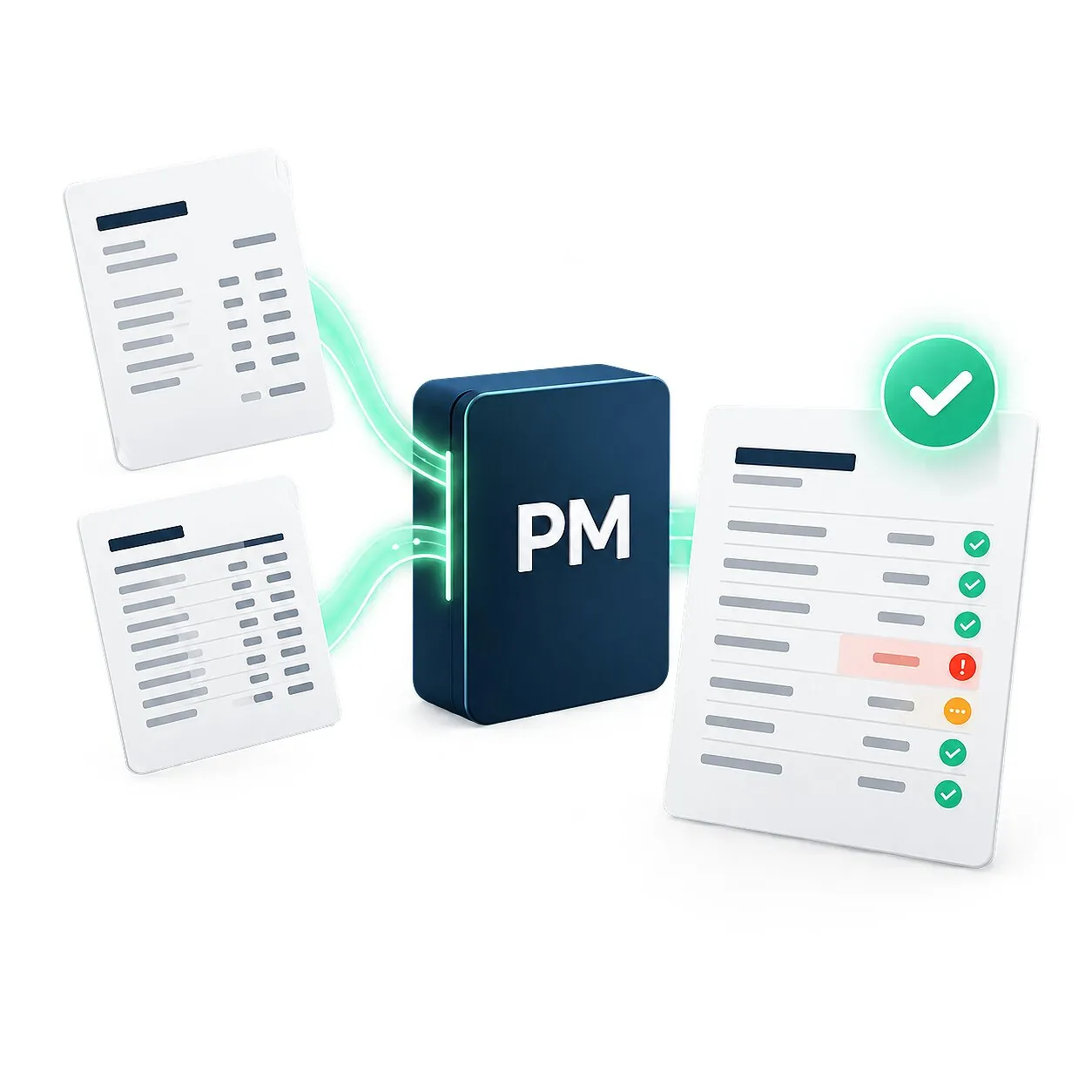 Illustration: fakturor och prislistor går in i PM som matchar dem och markerar avvikelser